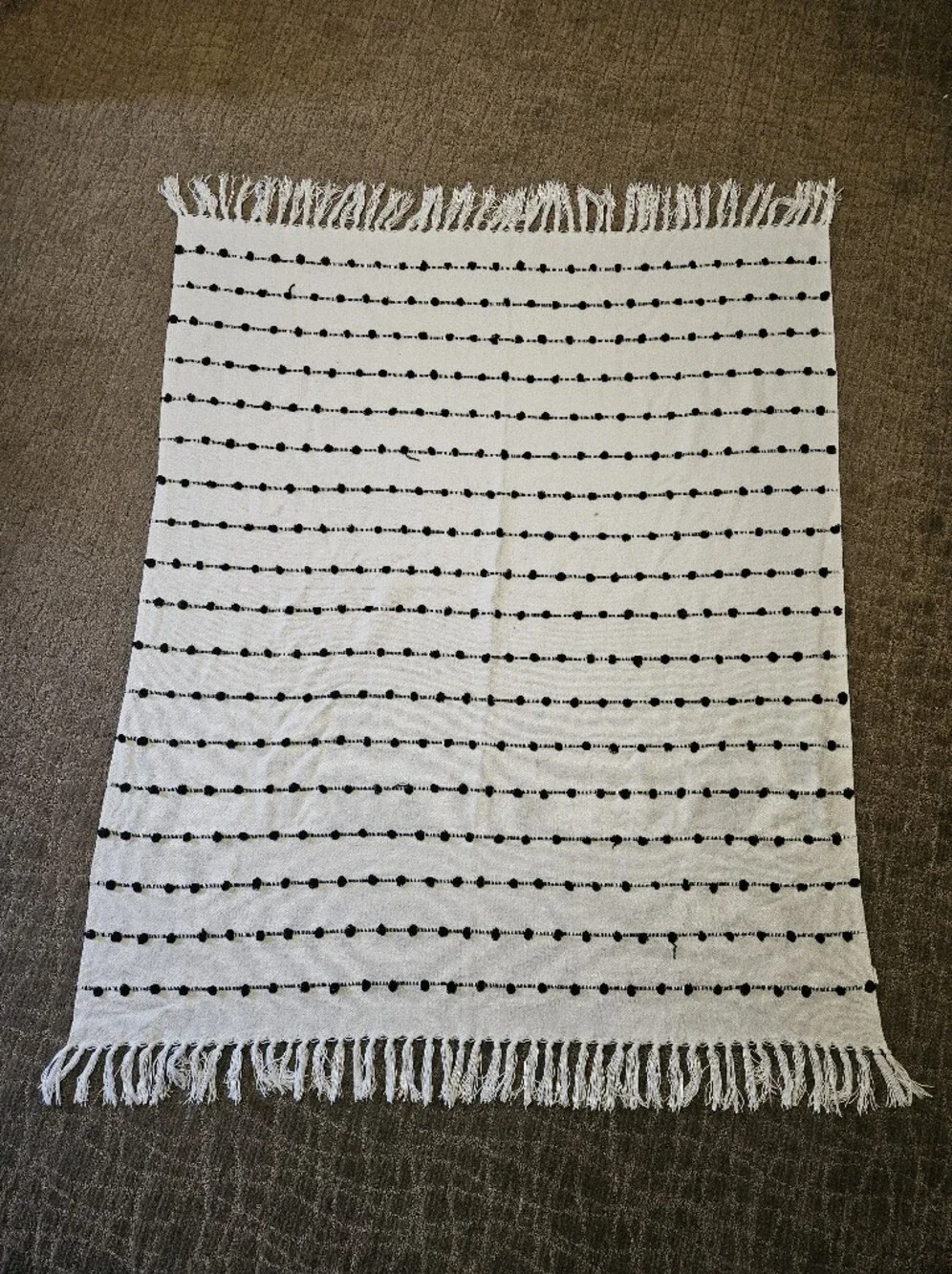 Off-white & Black Woven Cotton Loop Throw Blanket With Fringe